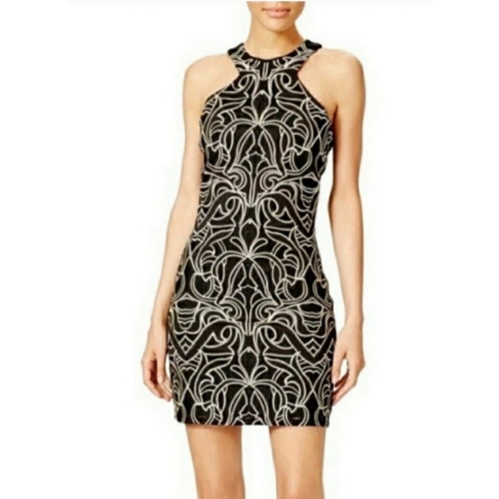 Parker New York Mariah Black Gold Embroidered Halter Mini Dress P5H1141AXN XS